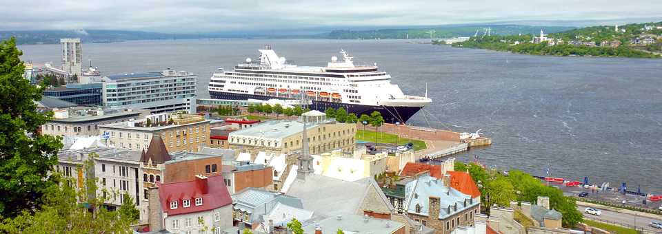 view of Lower Town with Holland America’s Maasdam in the Old Port, Quebec City, Canada