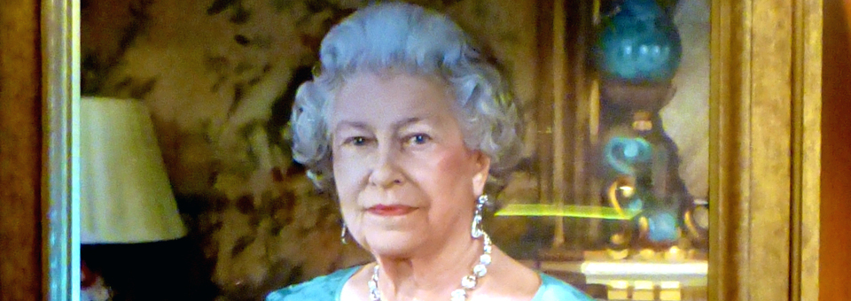 portrait of Queen Elizabeth in lobby of Cunard's Queen Elizabeth