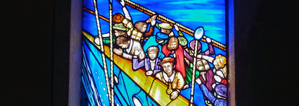 The Titanic Rescue stained glass window, St. Patrick’s Church, Addergoole, Ireland