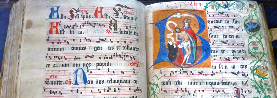 hand lettered and colored book, library of Benedictine Monastery Einseideln