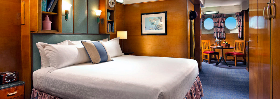 Deluxe stateroom with harbor view aboard the Queen Mary, photo courtesy the Queen Mary