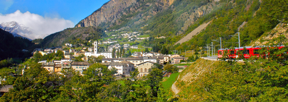 The Bernina Express passing a Swiss village