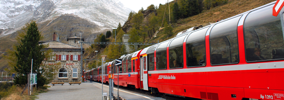 The Bernina Express, Alp Grüm station, Switzerland