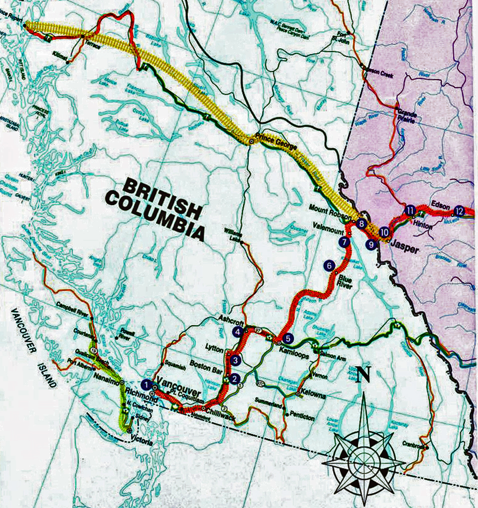 VIA Rail map of Canadian (red) and Skeena (yellow) routes