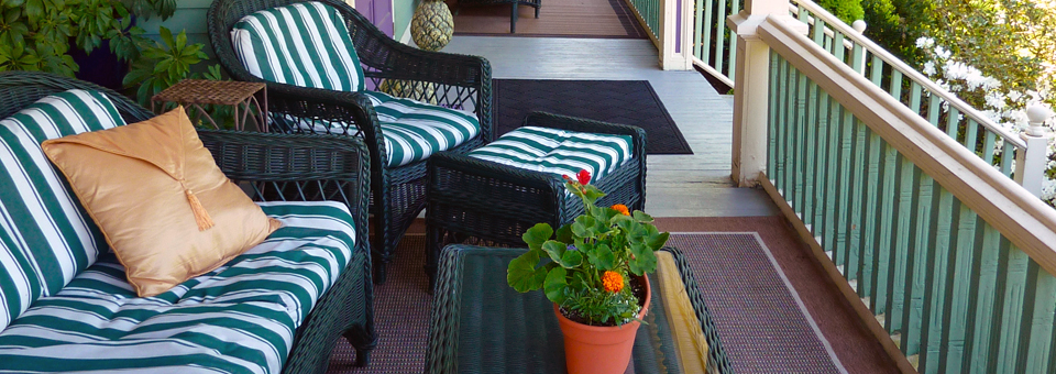 the porch of the LimeRock Inn, in the historic district of Rockland, Maine