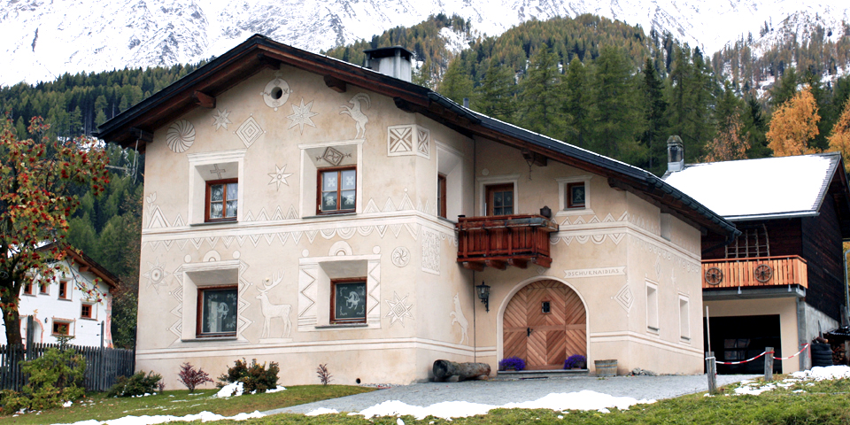 Engadine-style house with sgraffito, Val Müstair, Switzerland