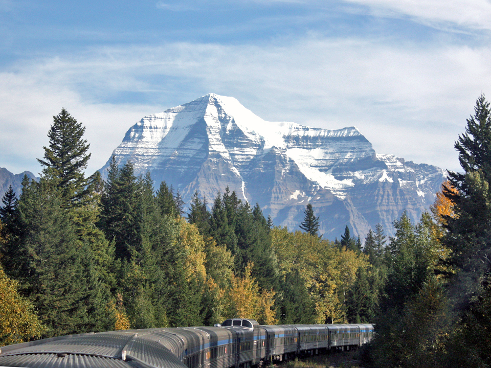 Mount Robson as seen from the observation dome of VIS Rail’s Canadian, British Columbia, Canada
