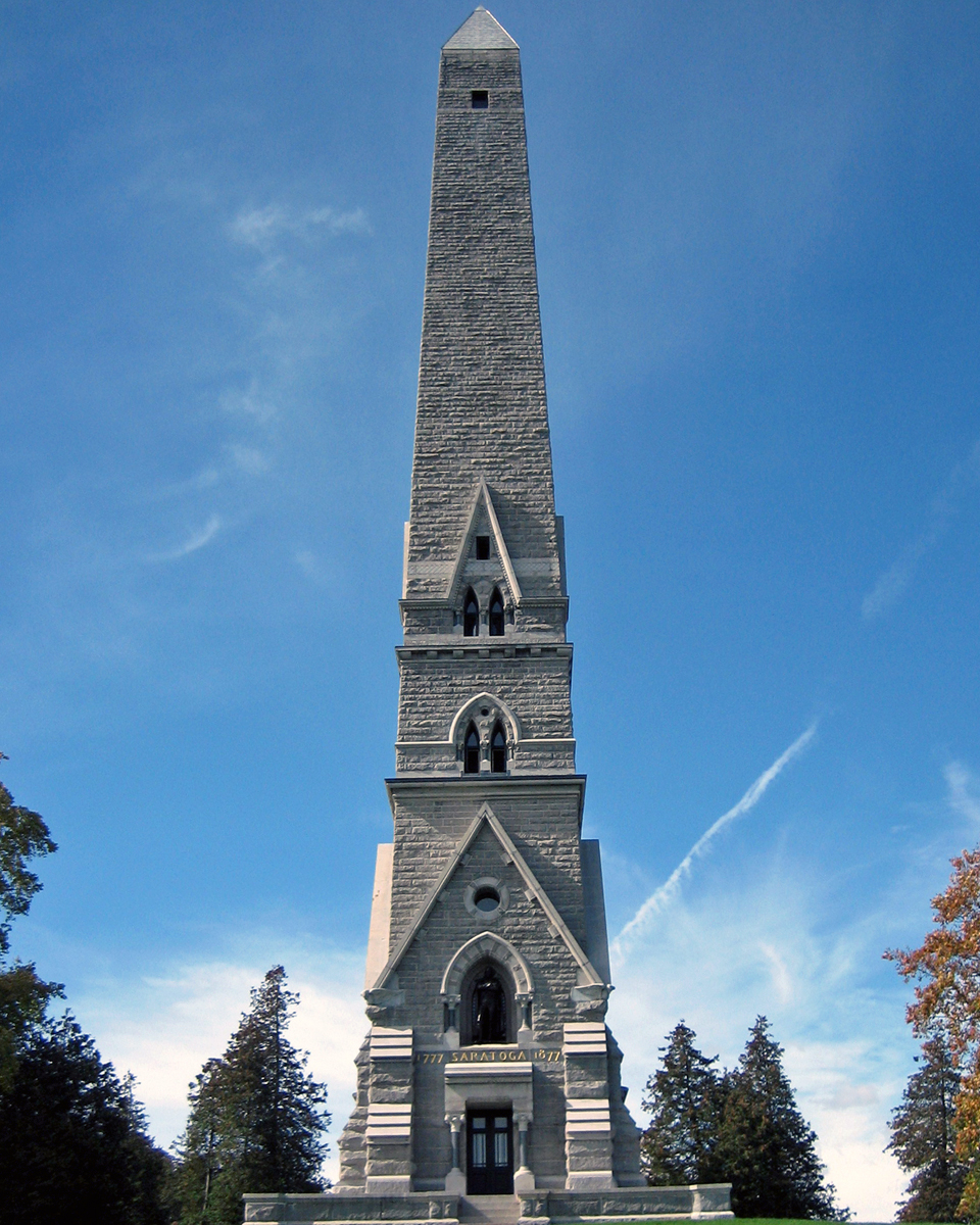The 155-foot Saratoga Monument in the village of Victory is on the site of Burgoyne’s camp and commemorates his surrender to Gates in 1777.