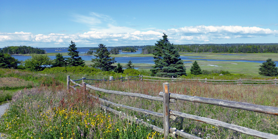 Le Village historique acadien de la Nouvelle Ecosse nature trail overlooking Pubnico Harbour Nova Scotia