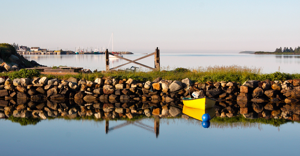 morning reflection on water at Ye Olde Argyler, Nova Scotia