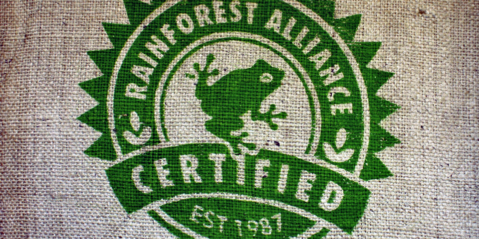 coffee bag with Rainforest Alliance logo, Espiritu Santo Coffee Plantation, Costa Rica