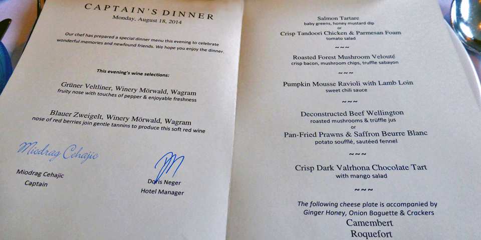 Captain's Dinner menu, Viking River Cruises’ Viking Njord 