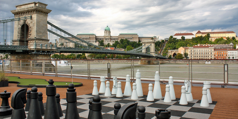 chess board on the Sun Deck of Viking River Cruises’ Viking Njord, docked in Budapest, Hungary