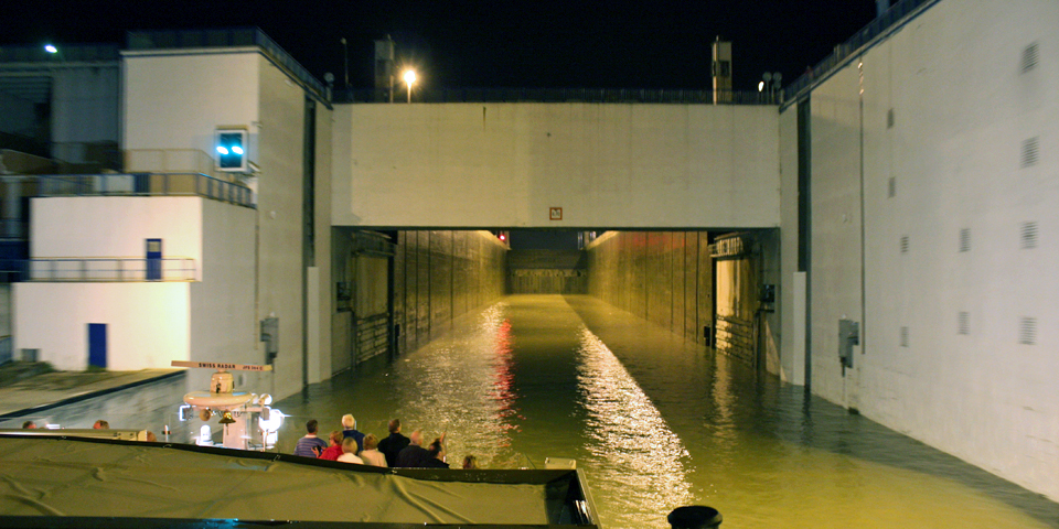 approaching a lock of the Rhine-Main-Danube Canal by night aboard the Viking Njord
