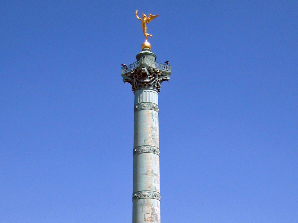 The bronze Colonne de Juillet (Column of July), topped with a gilded Spirit of Liberty statue, honors victims of the Revolution at Place de la Bastille.