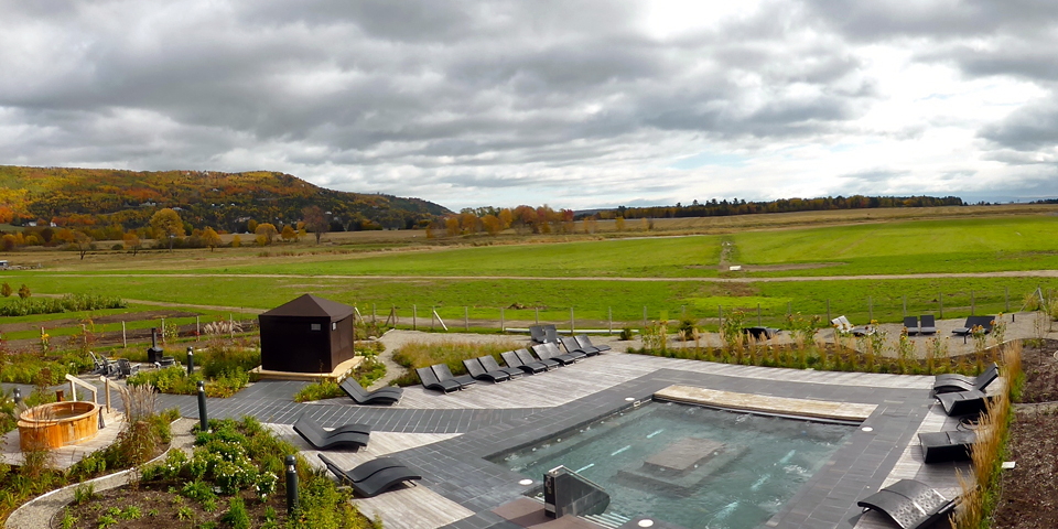 pool and grounds of La Ferme, Baie-Saint-Paul, Charlevoix, Quebec, Canada