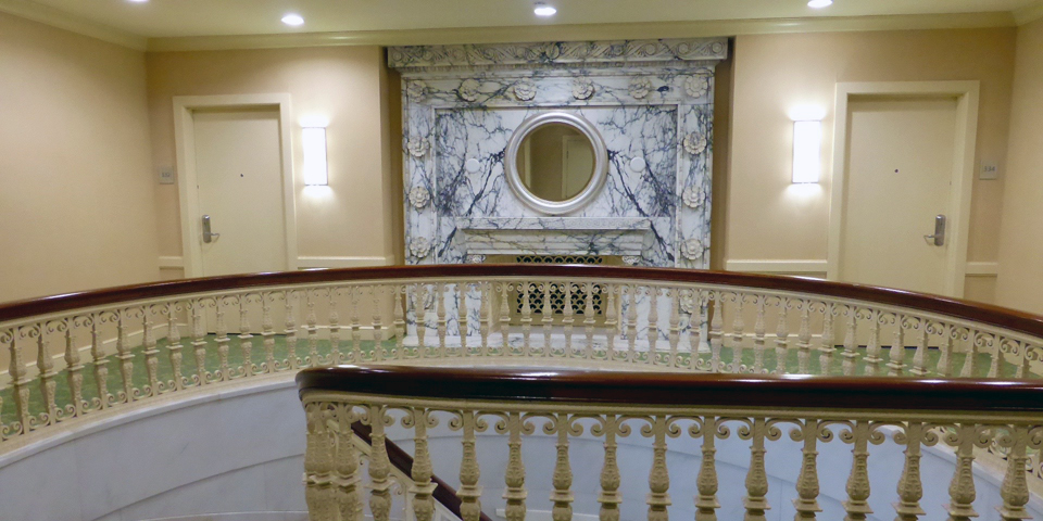 marble fireplace at the Southbridge Hotel preserved as part of the American Optical building