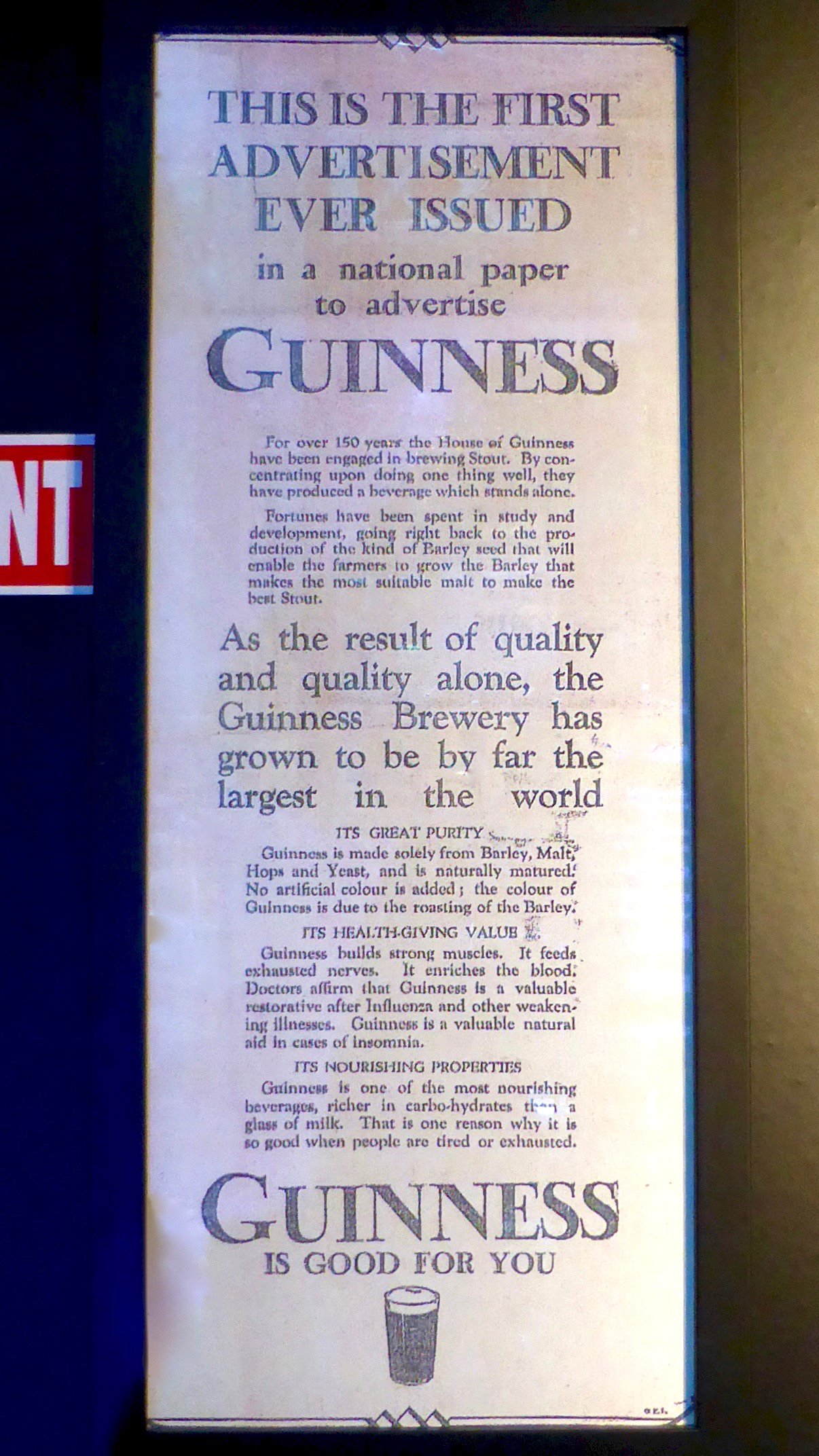 first Guinness advertisement, Guinness Storehouse, Dublin