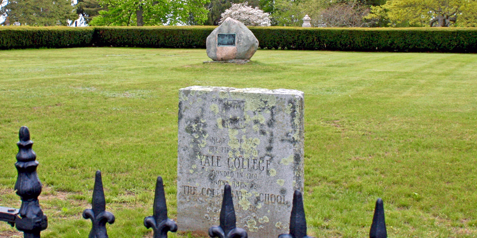 a stone marks the original site of Yale University, Old Saybrook, Connecticut