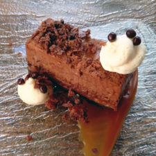 Chocolate, Malt, Toffee Slice with salty chocolate crust, biscuit crunch, dark chocolate mousse, malted milk cream, cocoa nib-toffee crumble, malted caramel sauce