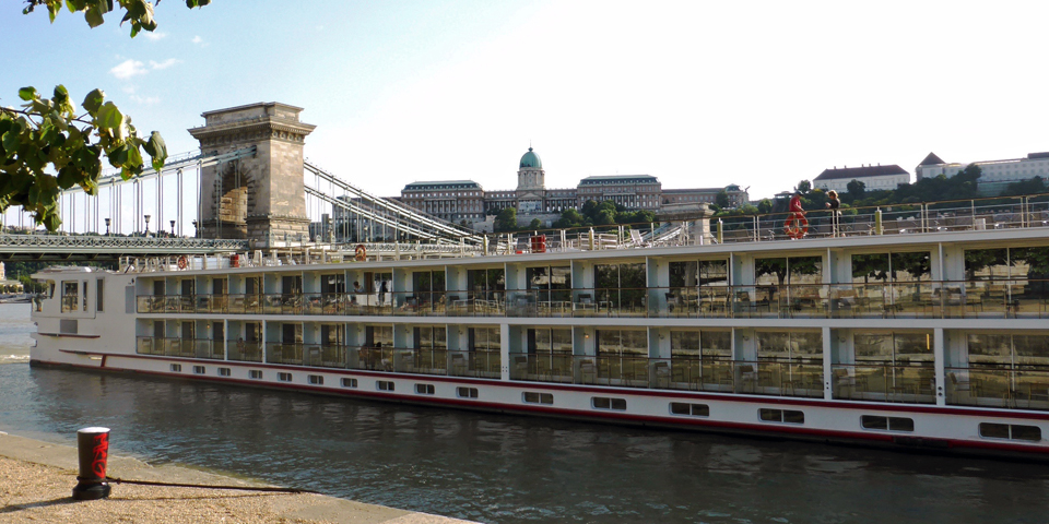 The Viking Baldur docked by the Chain Bridge in Budapest, Hungary