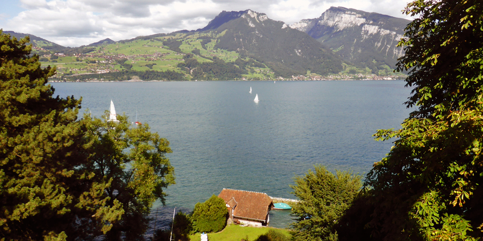 view of Lake Thun from Spiez Castle