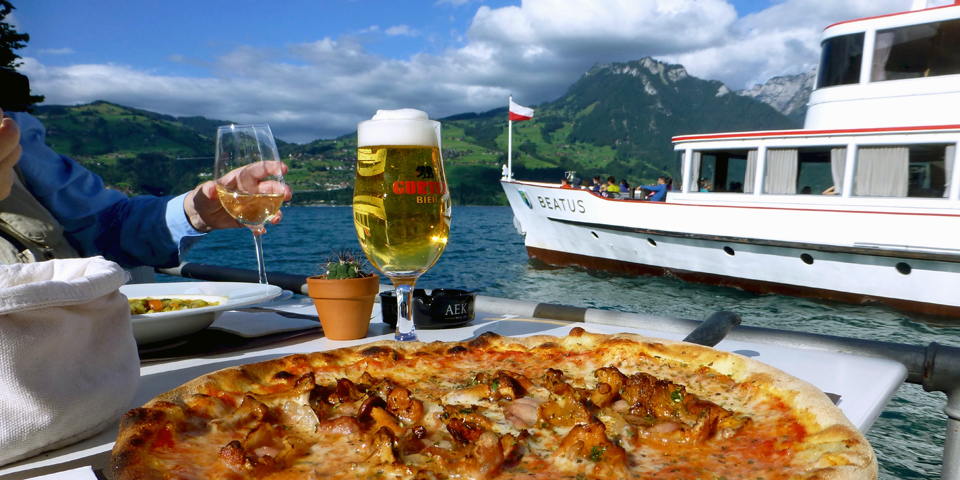 pizza by the boat dock in Spietz, Switzerland