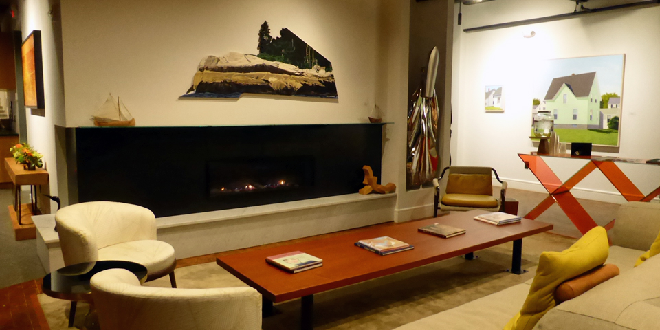 lobby and fireplace, 250 Main, Rockland, Maine