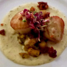Sea scallops, parsnip duo. pork belly, pea tendril slaw, clam soubise, Nonantum Resort, Kennebunkport