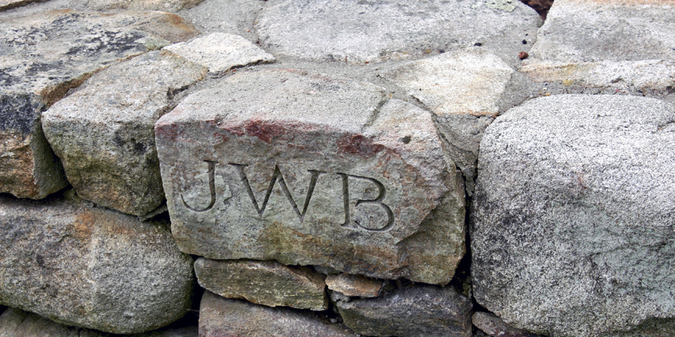 initials in wall, Ganny's Garden, Kennebunkport, Maine