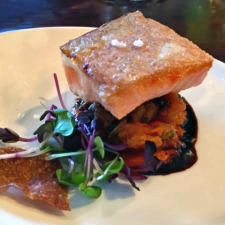 Faroe Island salmon. smoke Trout Panzanella, Tomato Coulis, Cocoa Nib Gastrique,, BlueFin North Atlantic Seafood Restaurant, Portland, Maine