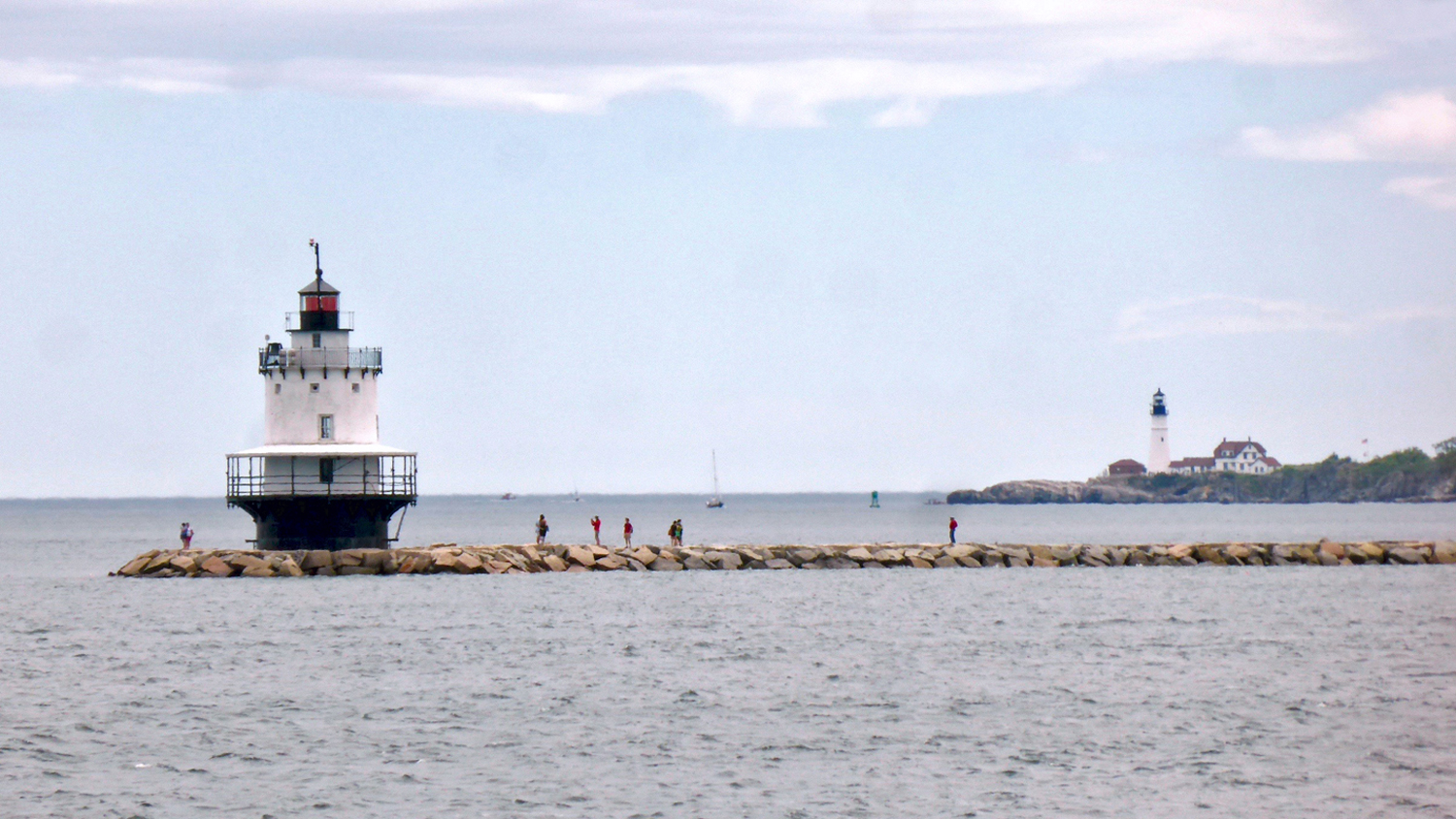 Spring Point Ledge Lighthouse with Portland Head Lighthouse in the background, Portland, Maine