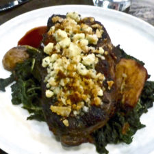 10 oz. Strip Steak with Bayley Hazen blue cheese, wilted greens, confit potatoes, and garlic croutons, Forge & Vine, Groton Inn, Groton, Massachusetts
