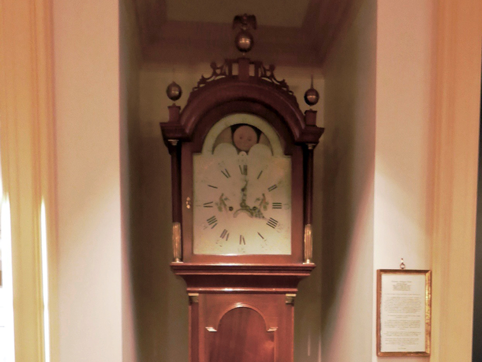 inlaid mahogany tall case clock made in Boston circa 1795, Groton Inn, Groton, Massachusetts