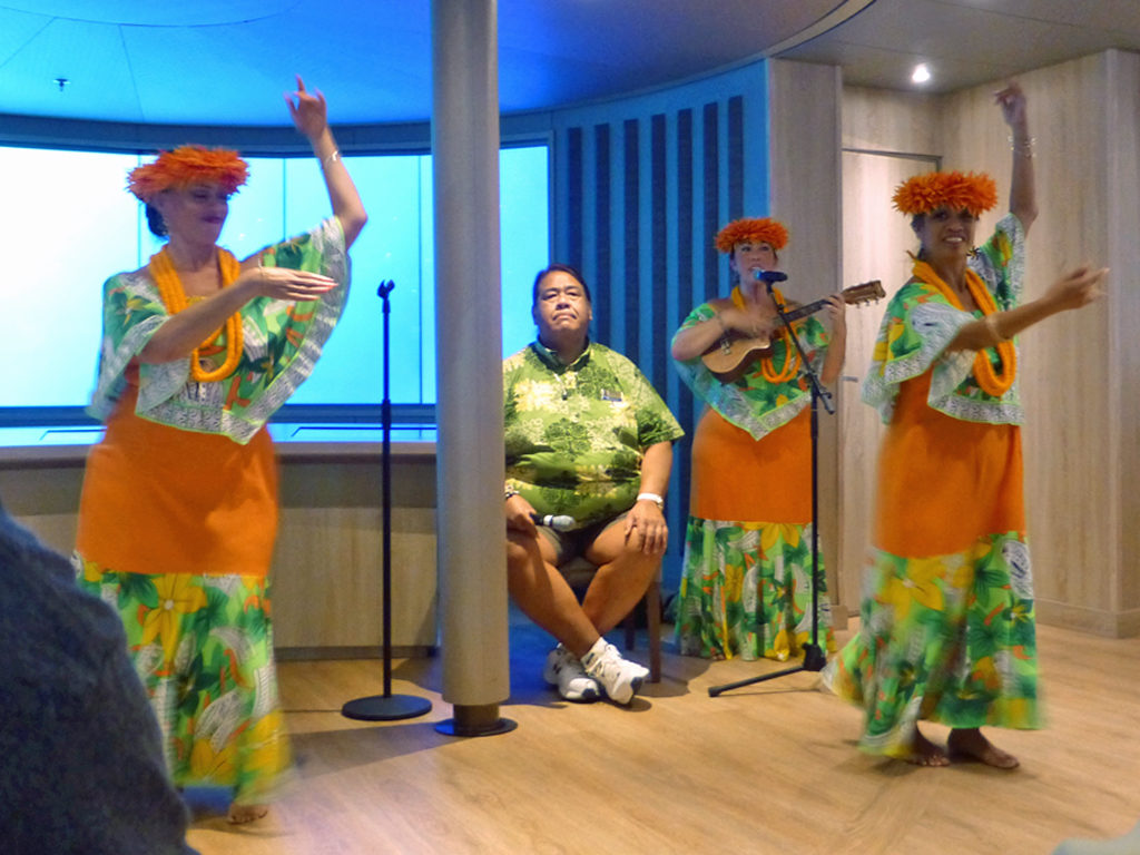 When land was sighted the Hawaiian musicians performed a traditional welcome chant and dance.