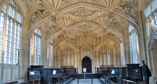 The beautiful medieval Divinity School was financed by incorporating the coats of arms of noble donors and initials of others into the elaborately vaulted ceiling.