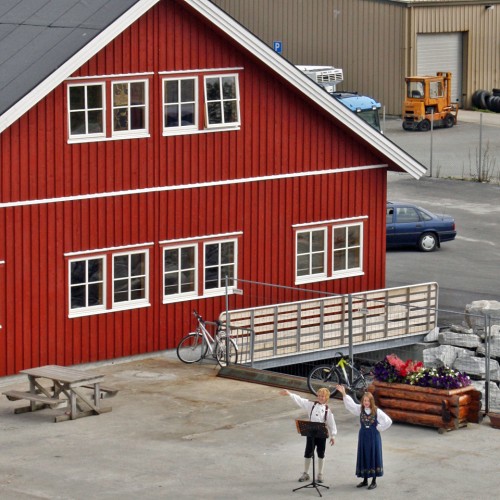 At one of the stops along the coast of Norway, enterprising young musicians in traditional costumes entertained passengers with popular songs.