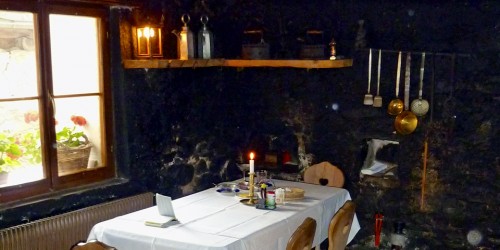 historic kitchen of the Hotel Chalavaina, Val Müstair, Switzerland