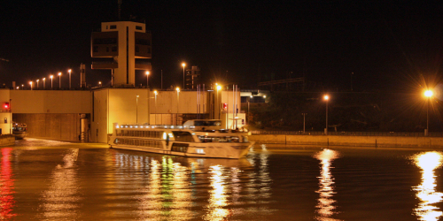 approaching a lock of the Rhine-Main-Danube Canal by night aboard the Viking Njord