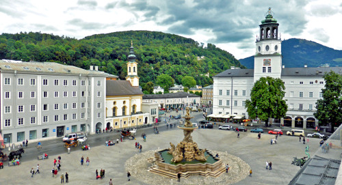 view of Residenzplatz and fountain from DomQuartier, Salzburg, Austria
