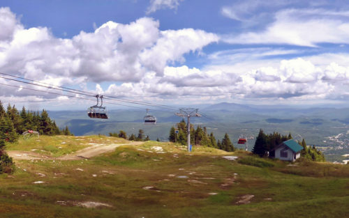 bicycle lift at left, Sunburst Six chairlift at summit, Okemo Mountain Resort