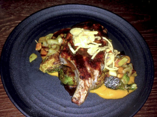 Berkshire Pork Chop, whole grain mustard jus, brussels sprouts, and sweet potato-apple hash, Forge & Vine, Groton Inn, Groton Inn, Groton, Massachusetts