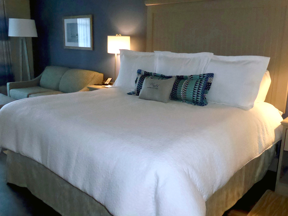 guest room bed, Chautauqua Harbor Hotel, Celoron, NY Notable Travels