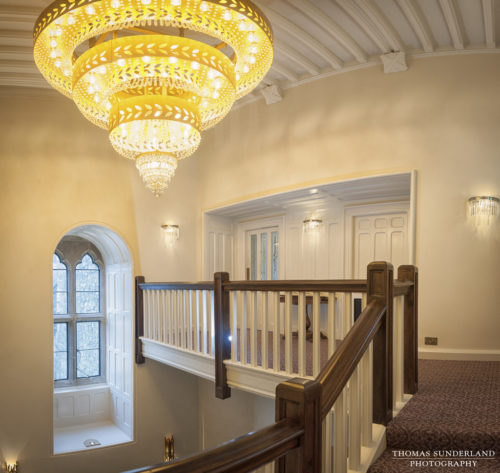 Chandelier, main hall, Kilkea Castle, Castledermot, County Kildare, Ireland. Thomas Sunderland Photography.